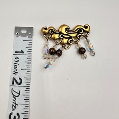Vintage 80s Gold Tone Scrollwork Brooch Pin with Crystal Bead Dangles