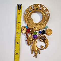 Vintage Katrina Signed Large Gold Tone Dangle Brooch Retro Shabby Chic Boho