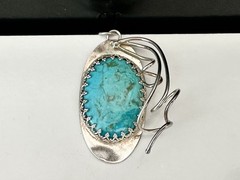 Sterling Silver 925 Abstract Turquoise Vintage Modernist Retro Pendant Handmade