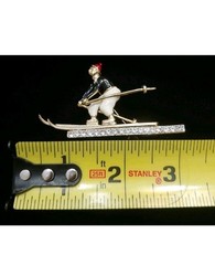 Vintage Ski Skiier Snow Enamel Rhinestone Gold Tone Brooch Pin