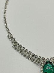 Vintage Emerald Green Glass & Clear Rhinestone Statement Necklace Silver Tone