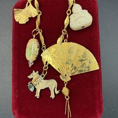 Custom Vintage Estate Assemblage Necklace & Charms: Buddha, Fan, in Mixed Metals