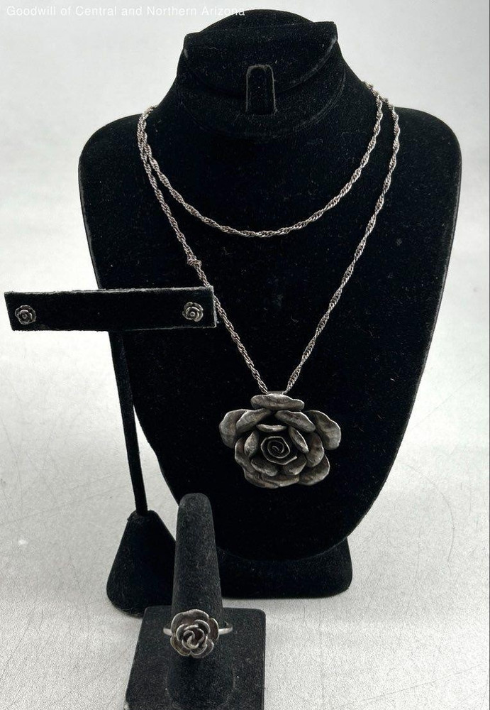 Old Vintage Sterling Silver 925 ROSE Pendant Necklace Earrings Ring Set 6.25 25G