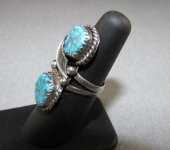 Vintage Navajo 2 stone turquoise sterling silver feather ring size 6-3/4 8.0 grm