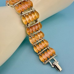 Vintage Bracelet Peach Pink Melon Frosted Lucite Thermoset Silver Tone Wide 6″
