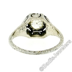 Antique Deco Belais 18k Gold European Diamond Engraved Filigree Engagement Ring