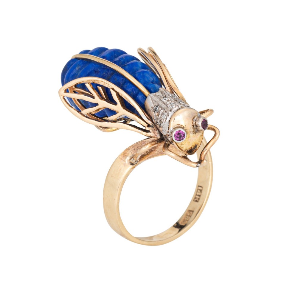 70s Vintage Diamond Insect Ring Sz 6 Large 14k Yellow Gold Fine Bee Jewelry