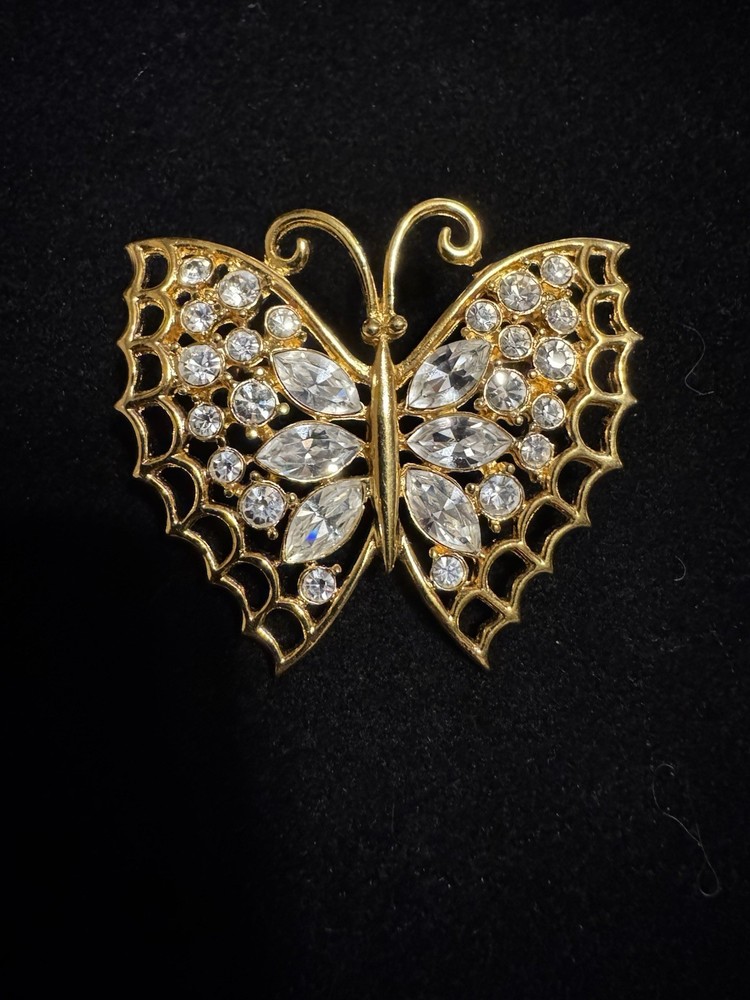 Revere Butterfly Brooch, Gold-tone Filled With White Rhinestones , Signed
