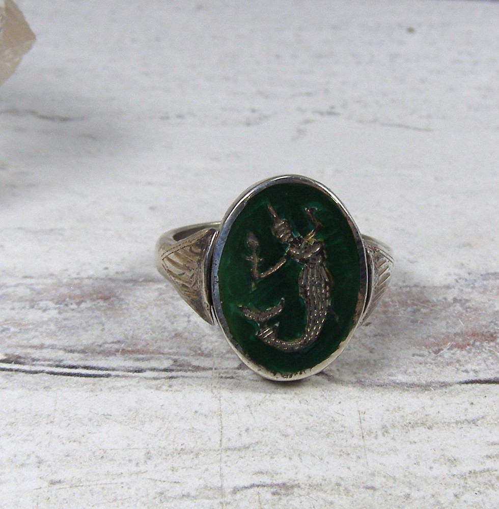 Sterling Silver Vintage Siam Reversible Green Enamel Niello Flip Ring Dancer 8