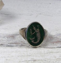 Sterling Silver Vintage Siam Reversible Green Enamel Niello Flip Ring Dancer 8