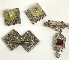 Vintage 1928 3 piece LOT RARE Art Deco Silver marcasite green jade orange glass