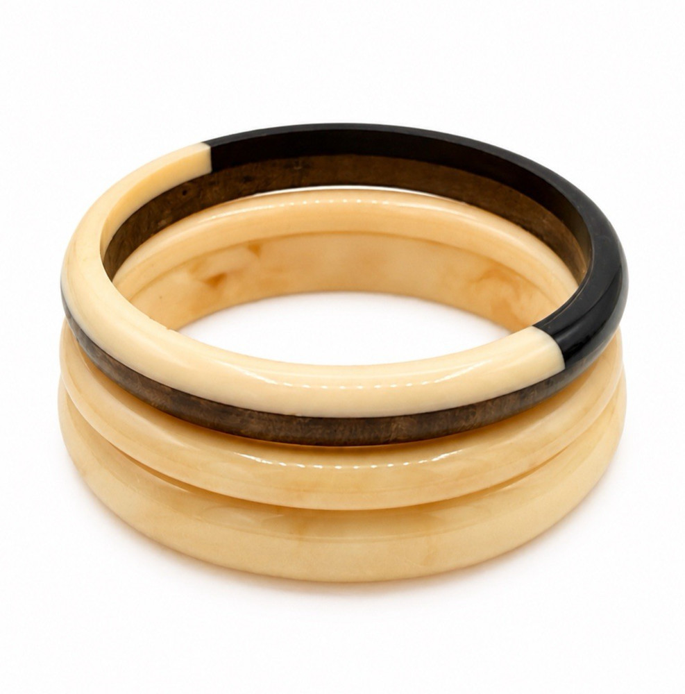 Set of Three Vintage Marbled Cream Resin Wood Bangle Stack Bracelets