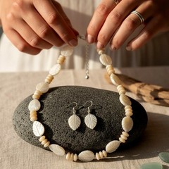 Hand Carved Mother of Pearl Jewelry Set Coastal Boho Leaves