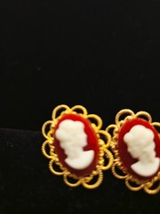 Vintage Red Cameo Post Earrings Gold Tone Filigree Victorian Revival