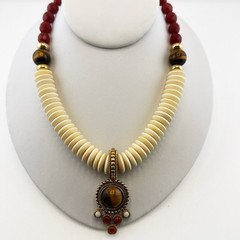 RJ Graziano Necklace Earrings Set Tigers Eye Carnelian Boho Cabochon Gold Tone