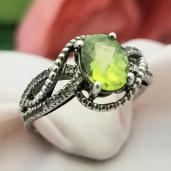 Silver Oval Peridot Cubic Zirconia Filigree Ring-925-Sterling-10mm Peridot-1.50c