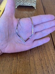 Vtg Gold Plated V Shape Necklace Red And Clear CZ Rhinestone Classic 8.5 In