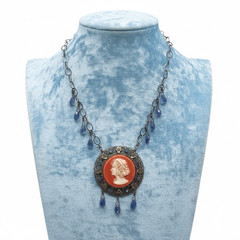 Vintage Handmade OOAK Cameo Necklace, Gemstone Dangle Statement Artisan Necklace
