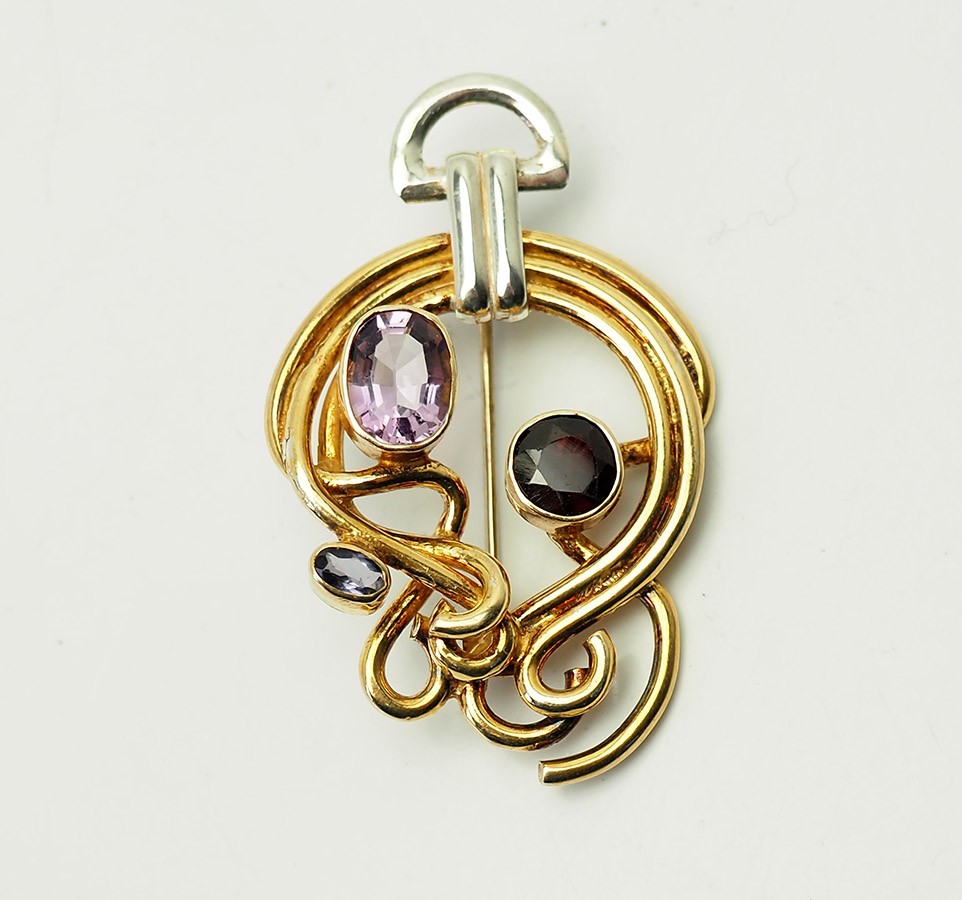 Vintage ornate gilt sterling silver amethyst garnet pin pendant by YES Studio