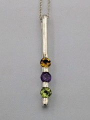 Vtg Sadye L Vassil 925 Sterling Silver 3 Gemstone Bar Pendant 16-18″ Necklace