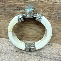 Vintage Water Buffalo Bone Turquoise Gemstone Silver Tone Hinged Bracelet 3.5”