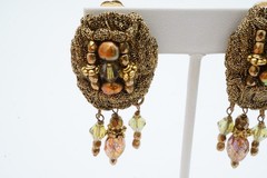 Vintage Clip On Earrings Gold Tone Glass Bead Mesh