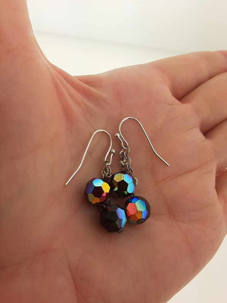 Black Crystal AB Bead Dangle Earrings 1.5 in