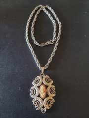 Vintage Hobe Cameo Silver Tone Necklace Intricate Filigree 22″