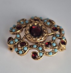 Vintage Goldette Brooch Pin Gold Alloy Turquoise & Garnet Faux Gemstones 1960s