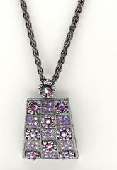 AB Rhinestone Pendant Necklace Aurora Borealis AB Gunmetal Windowpane Floral 28″