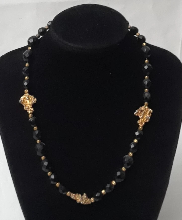 Share Vintage Black Bead with Gold Tones Nuggets Chocker Necklace 16 in