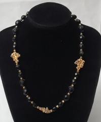 Share Vintage Black Bead with Gold Tones Nuggets Chocker Necklace 16 in