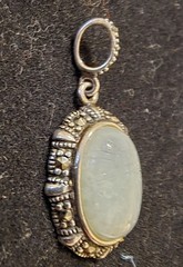 Vintage Sterling Silver & Marcasite Oval Pale Green Jade Intaglio Pendant