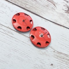 Vintage Earrings For Pierced Ears – Metal Red Circle 0.75″- Broken Stud
