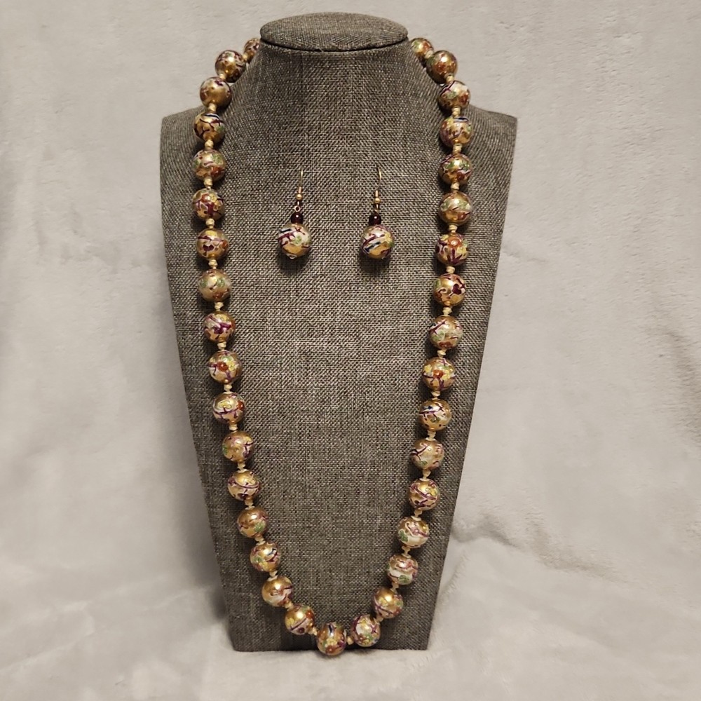Vintage Chinese Cloisonné Bead Necklace – Pink & Blue Floral on Gold – 26″ L