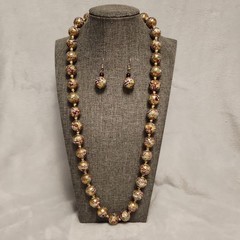 Vintage Chinese Cloisonné Bead Necklace – Pink & Blue Floral on Gold – 26″ L