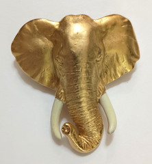 AJC Elephant Head Brooch Signed Gold Tone Faux Ivory Tusks Vintage Statement