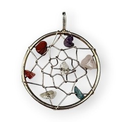 Dreamcatcher Pendant Colorful Gemstone Chip Silver Tone Wire Wrapped Vtg 1 5/8″