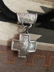 90s vintage Donna Karan Black Velvet Cross silver metal Pendant Necklace RARE
