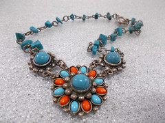 Tribal Boho Ethnic faux Turquoise Coral Cluster Medallion Choker Necklace