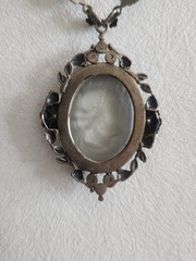 1960’S Gothic Art Deco Style Smoky Glass Cameo Necklace Pearls Flowers Floral