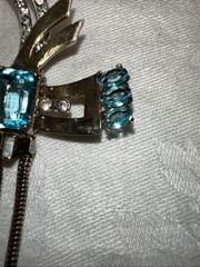 VTG Mazer Sterling Vermeil Aqua Rhinestone Ribbon Bow Dangle Brooch Pin