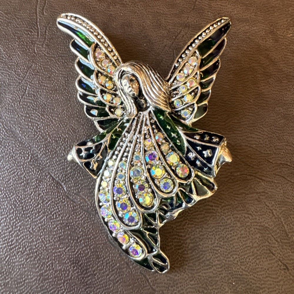 Winged Guardian Angel Fairy Woman Brooch With AB Iridescent Crystals And Enamel