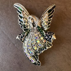 Winged Guardian Angel Fairy Woman Brooch With AB Iridescent Crystals And Enamel