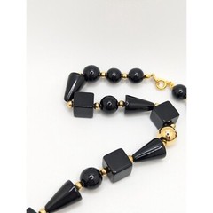 Vintage 1980s Trifari Art Deco Black Gold Beaded Necklace Long Layering Geometri