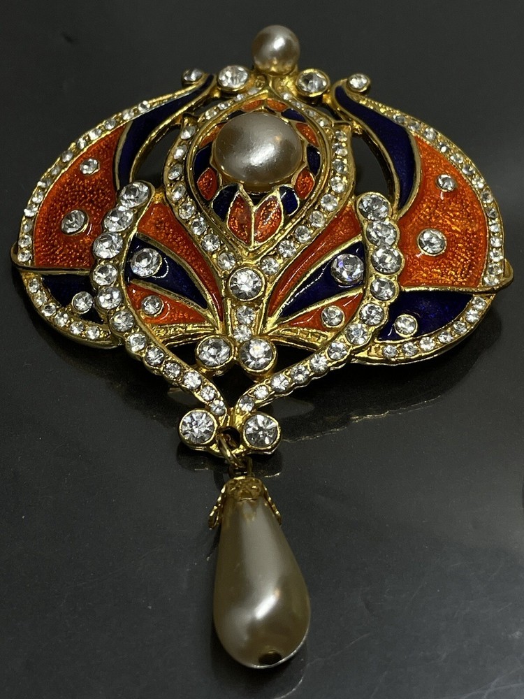 Vintage Designer Art Deco Style Dragon’s Breath Rhinestone Enamel Faux Pearl✨