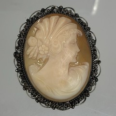 Victorian Antique Silver Tone Filigree Cameo Pink White Lady Carved Shell Brooch