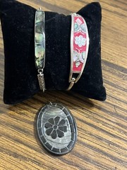 Vintage Lot of 2 Alpaca Silver Bracelets & Carved Mother Pearls Pendant