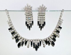 1950s Vintage Crystal & Jet Black Rhinestones Necklace & Dangling Clip Earrings