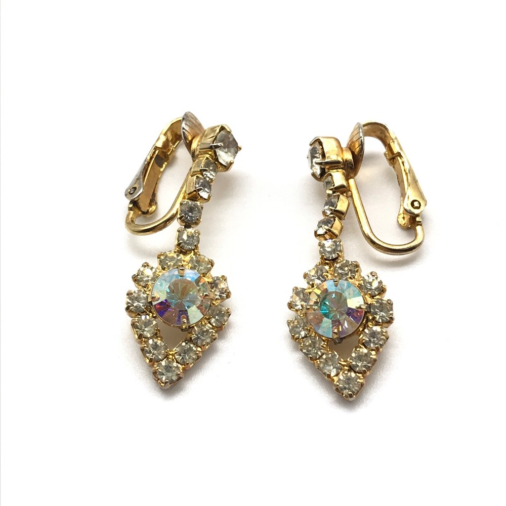 Vintage Clear & AB Rhinestone Gold Tone Sparkly Ladies Dangle Clip On Earrings